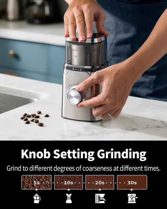 SHARDOR Electric Blade Coffee Grinder, Timed Grind Control Rotary Knob, All-stainless steel shell,Adjustable,for Coffee Beans, Spices & Herbs, with 1 Removable Stainless Steel Bowl,Sliver