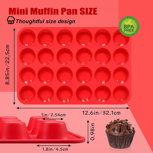 24 Cups Cupcake Pan,Mini Silicone Muffin Pan,Nonstick Food Grade Silicone Baking Cups,Great for Making Muffin Cakes, Tart, Bread - 2 PCS