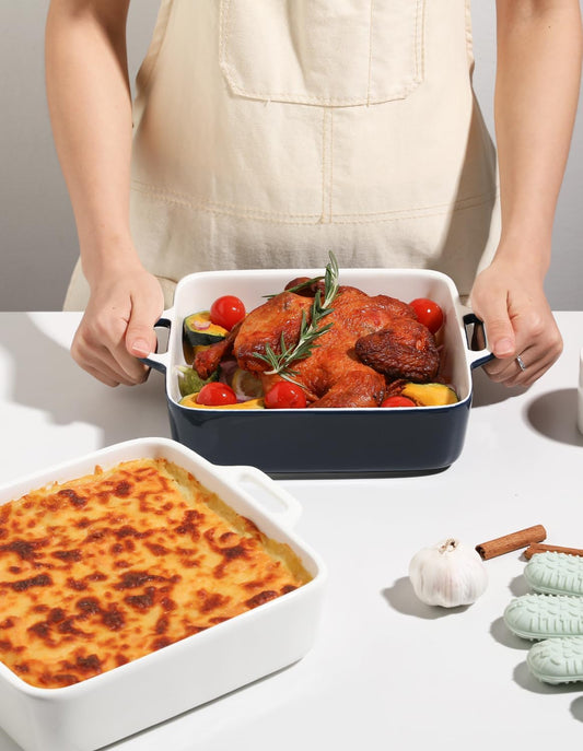 Sweejar 8x8 Baking Pan,Ceramic Casserole Dishes for Oven with Double Handles,2 QT Square Cake Baking Dish for Brownie,Lasagna,Casseroles,Family Dinner (Navy)