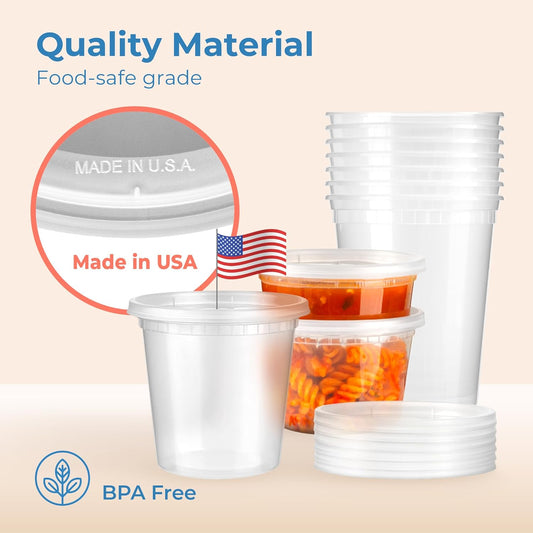 Fit Meal Prep 40 Pack 8 oz Deli Containers with Lids Variety Pack, US Made Leakproof Assorted Plastic Soup Containers, Combo Clear Food Storage Containers with Lids, Microwave Freezer Safe