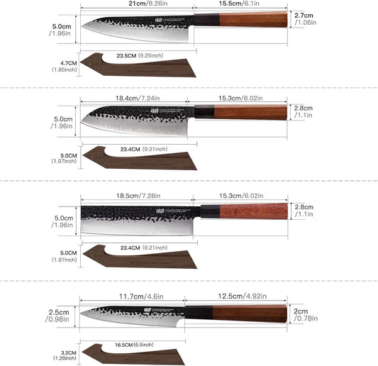 FINDKING Chefs Knives Set and Edge Guards, High Carbon Steel Kitchen Knives, Walnut Knife Holders, for Home Kitchen, Meat, Fruits, Vegetables, Dynasty Series, 8PCS
