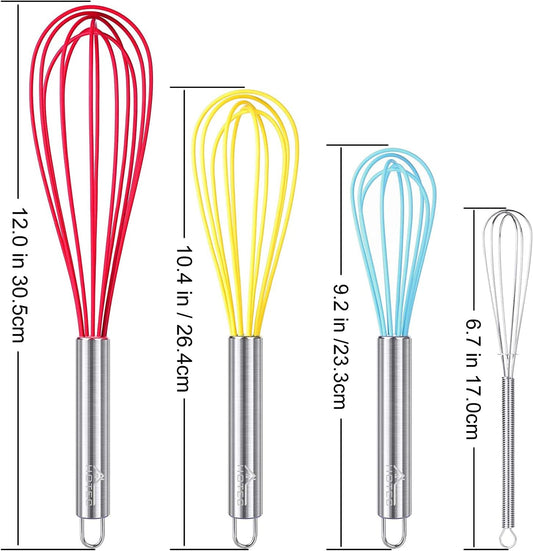 HOTEC 4 Pieces Silicone Whisks Set, Wire Balloon Whisks Egg Beater, Non-slip Handle Whisk for Non-stick Cookware Perfect for Cooking, Stirring, Beating and Blending (Multicolor)