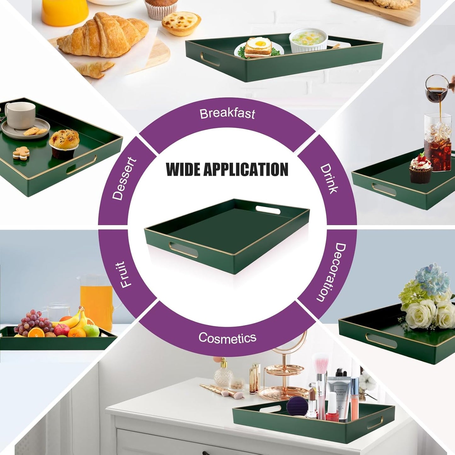 Gifturbo Large Serving Tray with Handles,Green Rectangular Plastic Elegant Decorative Coffee Table Trays for Ottoman, Living Room, Bathroom, Home Decor, Vanity Tray with Gold Trimming, 15.7” x 11.8”