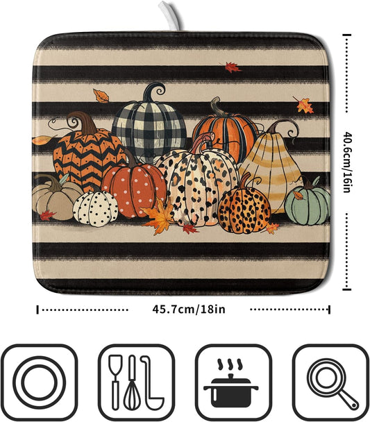 Autumn Pumpkin Dish Drying Mats 16x18 In, Fall Leopard Buffalo Plaid Thanksgiving Halloween Absorbent Microfiber Quick Dry Dishes Drainer Rack Mat for Kitchen Counter Decor
