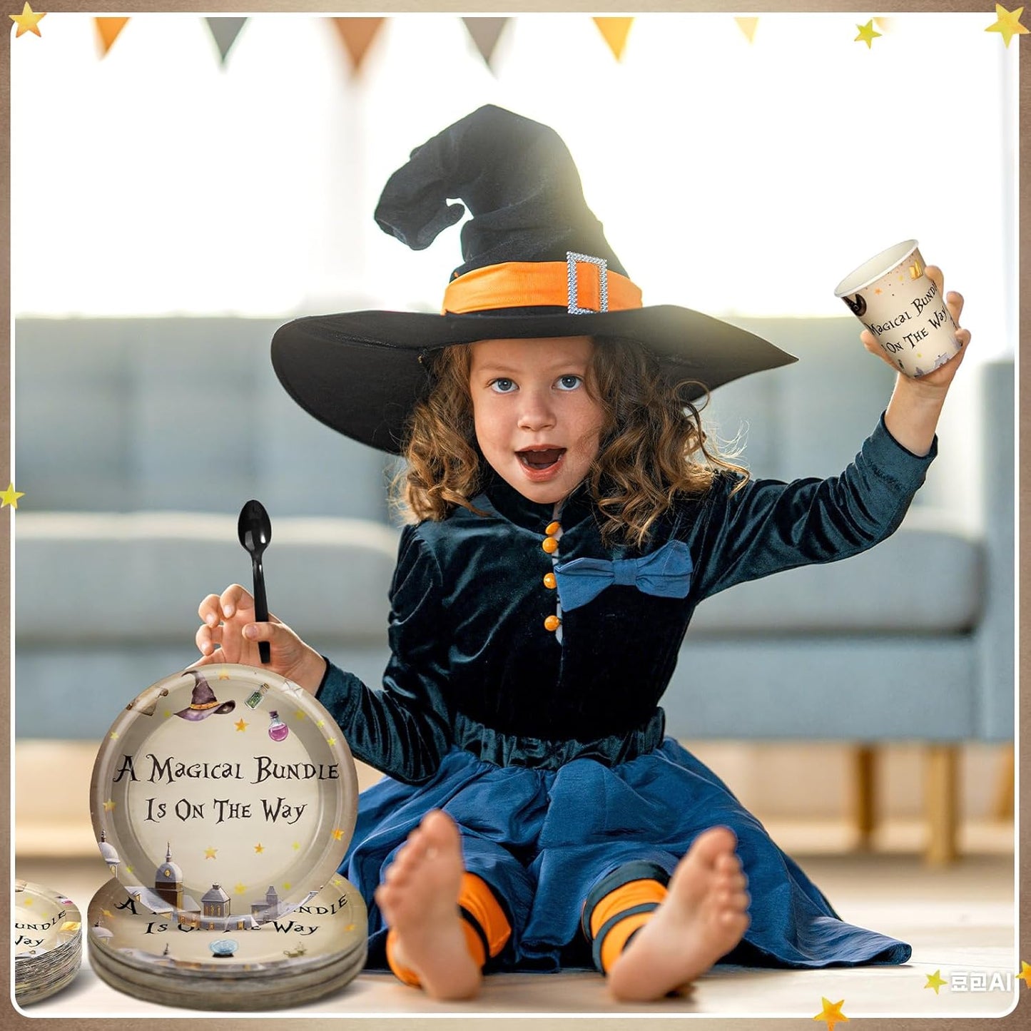 Dandat 350 Pcs Baby Shower Plates Set Baby Shower Party Supplies Serves 50 Tableware Sets Include Plates Napkin Cup Forks Knives Spoons Disposable Dinnerware(Magical Wizard,Black)