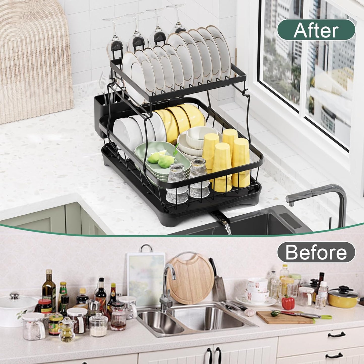 LIYI Dish Drying Rack,Large Dish Rack for Kitchen Counter,2-Tier Dish Racks with draining Tray,Detachable Capacity Dish Drainer Organizer,Black