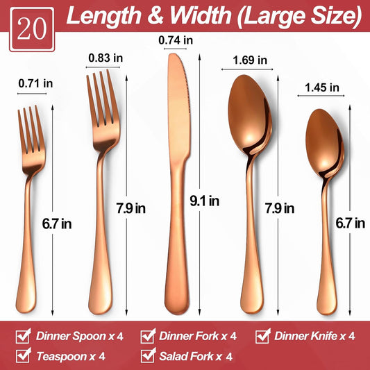 20 Pcs Rose Gold Silverware Set for 4, Food Grade Stainless Steel Flatware Set, Eating Utensils Sets Include Fork/Knife/Spoon,Home Kitchen Tableware Set, Reusable Cutlery Set, Dishwasher Safe