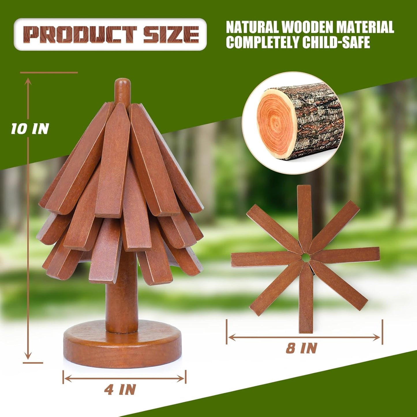 Tree Coasters Set of 3 - Wooden Trivets for Hot Dishes, Trivet Tree for Hot Pads, Trivet Mats Foldable Heat Resistant Pads Multifunctional Ornaments for Teapot Pans Kitchen Table (Walnut)