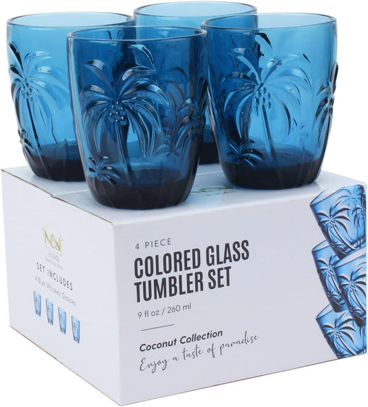 M&N HOME Colored Whiskey Glasses, Set of 4 Colorful Drinking Glasses, 9 Oz Coconut Cups, Glass Tumblers, Glass Cups for Water and Juice, Tiki Cups, Tropical Themed Glassware Set - BLUE SET