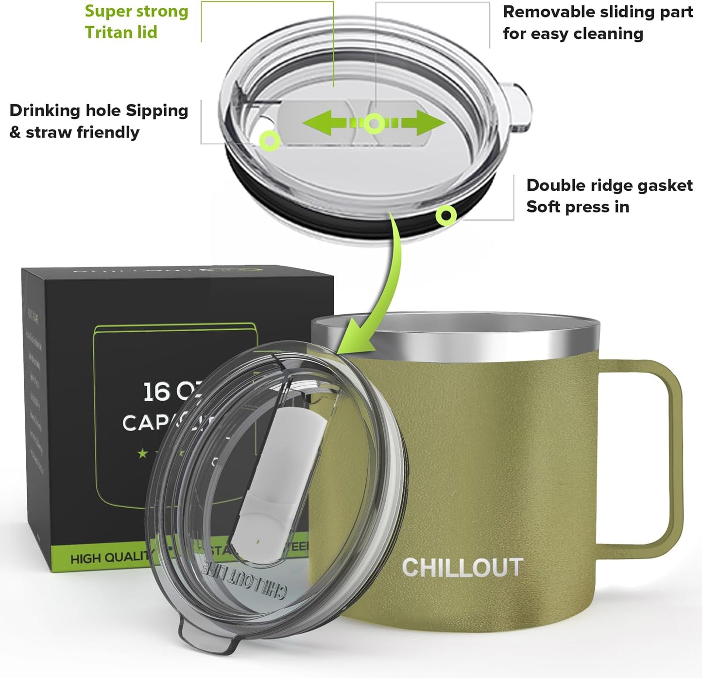 CHILLOUT LIFE Stainless Steel 16 oz (Set of 2) Vacuum Insulated Coffee Mug with Handle and Lid, Large Thermal Camping Coffee Mugs with Sliding Lid for Men & Women