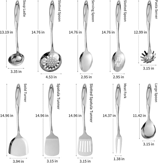 304 Stainless Steel Kitchen Utensils Set, 10 Pcs Metal Cooking Utensil, Mirror Polished Kitchen Gadget Cookware and Kitchen Tool Set, Dishwasher Safe