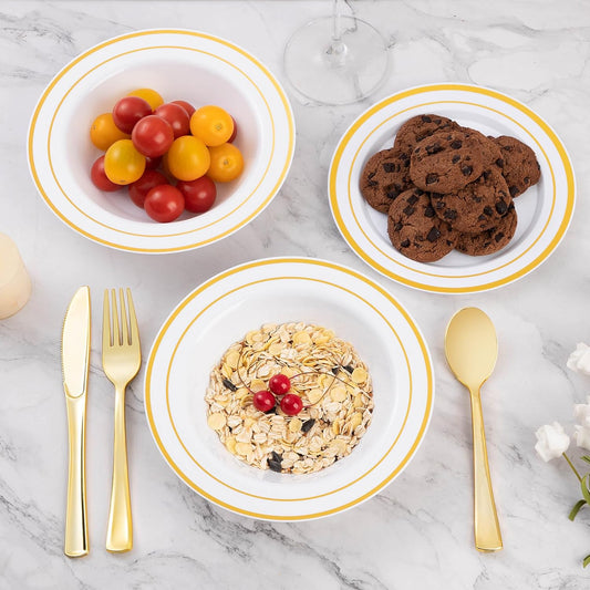 Goodluck 100 Pack Plastic Bowls with Gold Rim, 12oz Disposable Soup Bowls, Heavy Duty Dessert Bowls for Weddings, Parties, Dinners, Catering, Thanksgiving and Everyday Use