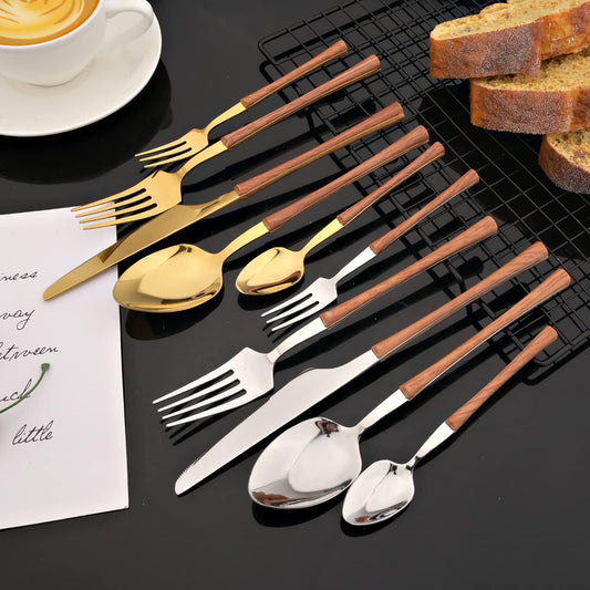 JASHII Wood Handle Flatware Set, 20 Pieces Stainless Steel Silverware Cutlery Set, Mirror Polished, Knife Fork Spoon Set, Dishwasher Safe - Small Waist Silver