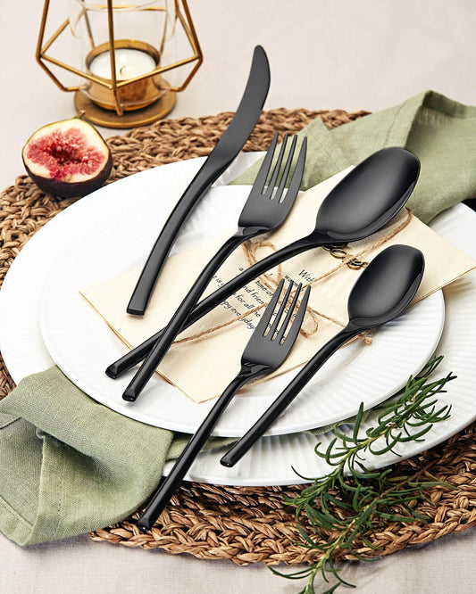 Lemeya 40-Piece Black Silverware Set for 8,Modern 18/10 Stainless Steel Flatware Set,Luxury Cutlery Set,Unique Utensils Set for Restaurant,Spoons and Forks Set,Mirror Polished,Dishwasher Safe