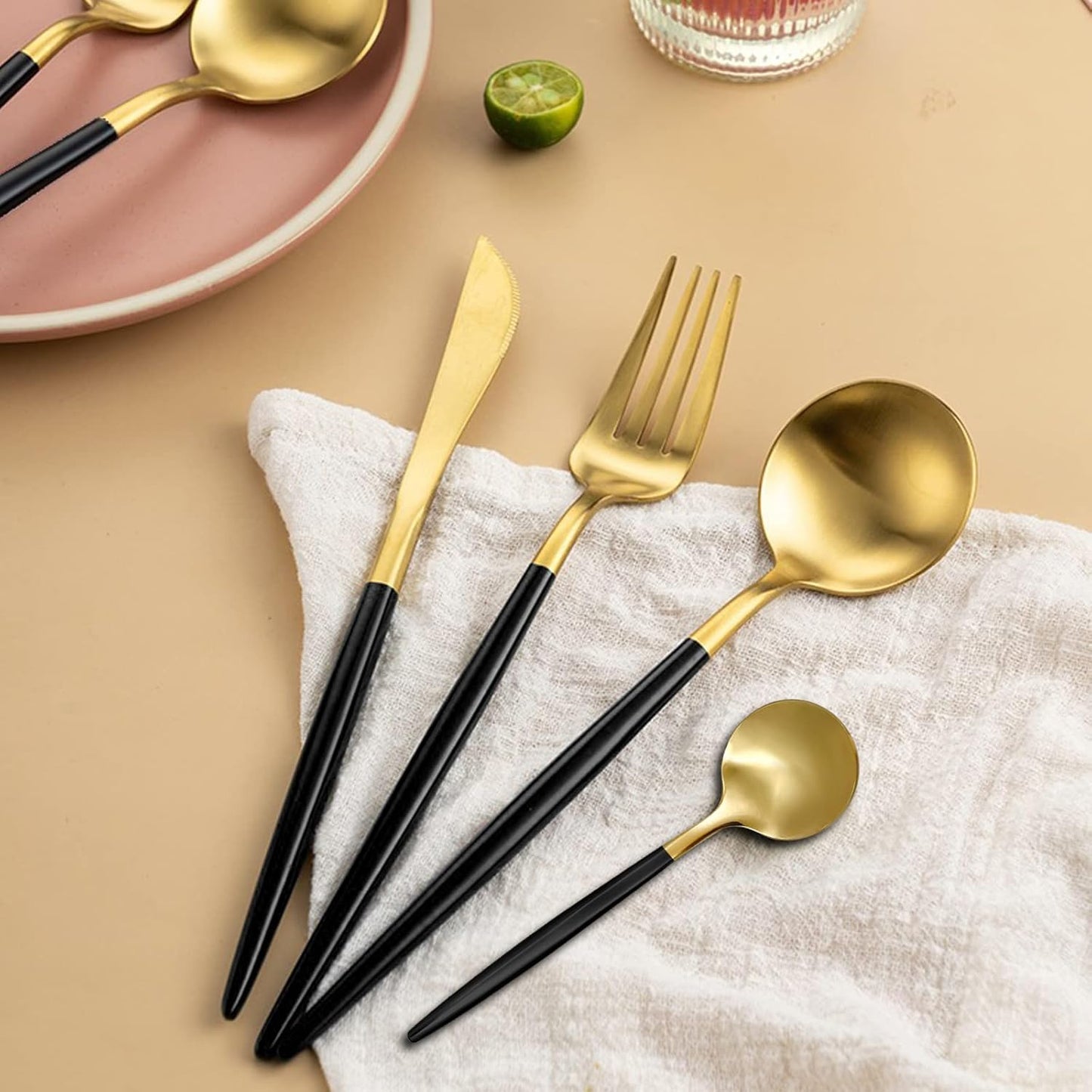 Gold Black Silverware Set, 24 pcs Golden Flatware for 6, Black and Gold Flatware, Stainless Steel Silverware Set,Kitchen Cutlery Sets, Include Knives/Forks/Spoons