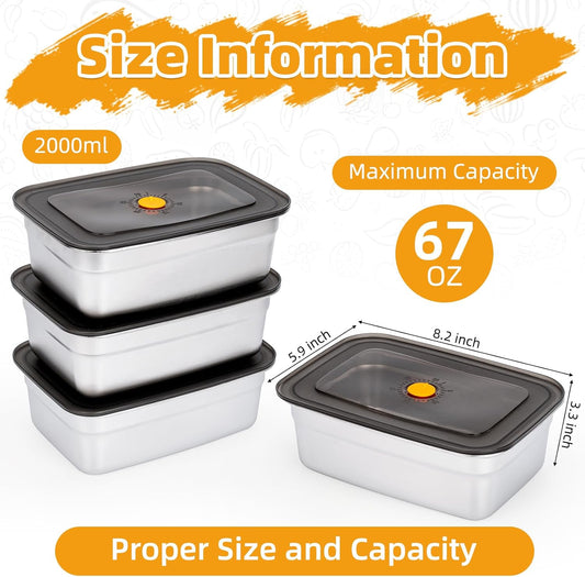 4 PCS Stainless Steel Food Storage Containers(67oz) with Lids Leak Proof & Airtight | Stainless steel freezer Containers,Airtight Bento Lunch Box,For Meal Prep,Fruit,Snack,Freezer