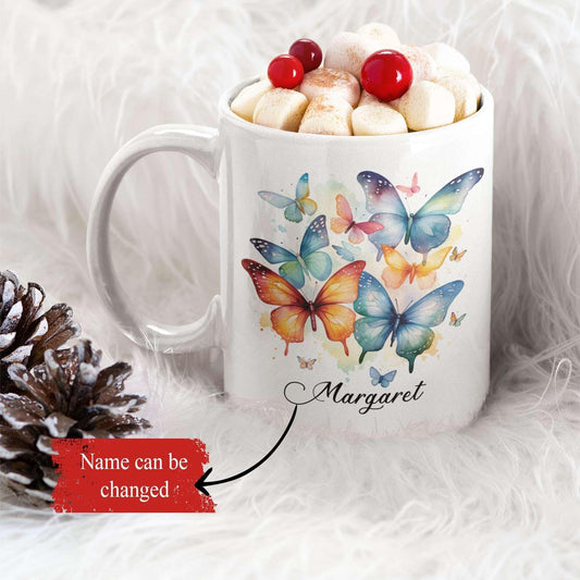 Unique Customized Flock Of Butterflies Travel Mug, Personalized Name On Animal And Colorful Details Travel Cups, Custom Novelty Butterfly Tea Mug For Friend On Graduation 11oz 15oz