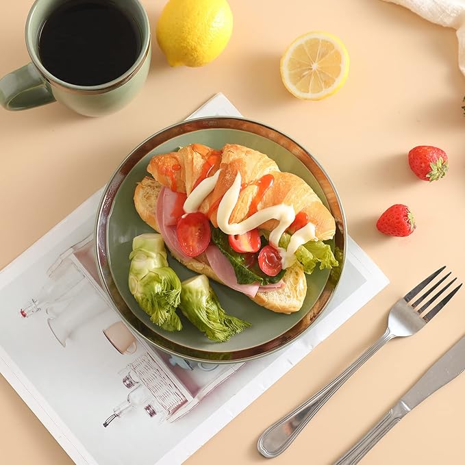 Bestone 16-Piece Round Kitchen Dinnerware Set, Dishes, Plates, Bowls, Mugs, Dish Set, Service for 4, Stoneware (round, green and gold rim)