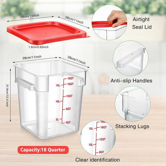 Suclain 2 Pcs Square Food Storage Container Polycarbonate Clear Food Container with Red Lid Commercial Rice Storage with Red Graduations for Commercial Kitchen (Quarts, 22)