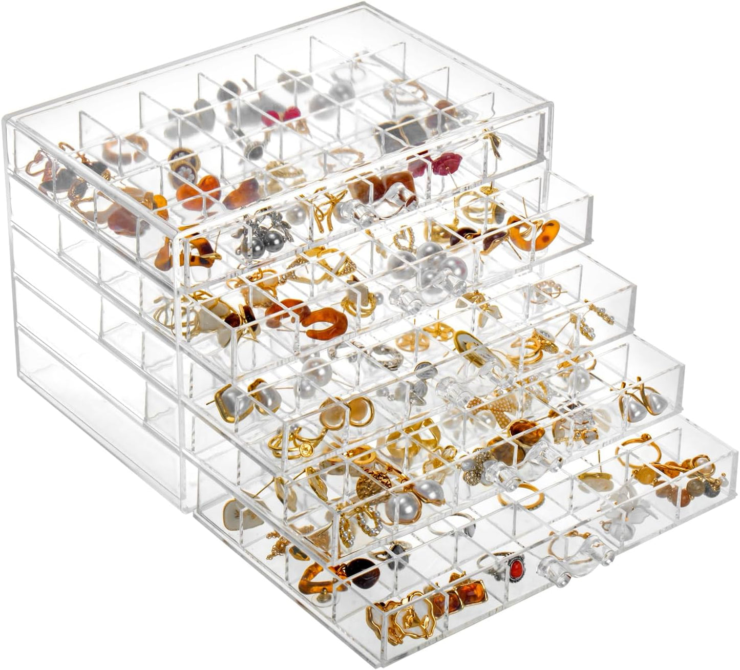 Earring Storage Box Organizer, Acrylic Jewelry Storage Box Holder 5 Drawers Transparent Jewelry Display Stand with 120 Small Compartments Gift Boxes for Women Girls (Clear)