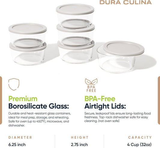 DURA LIVING 12-Piece Glass Food Storage Containers Set (6 Containers + 6 BPA-Free Lids) | 4-Cup, Leakproof | Microwave, Freezer, Oven & Dishwasher Safe | Ideal for Meal Prep & Pantry Organization