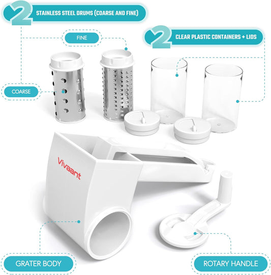Parmesan Cheese Grater Hand Crank, Restaurant-Grade Rotary Cheese Grater Handheld Italian Style with 2 Stainless Steel Drum Blades is Dishwasher Safe & Easy to Clean