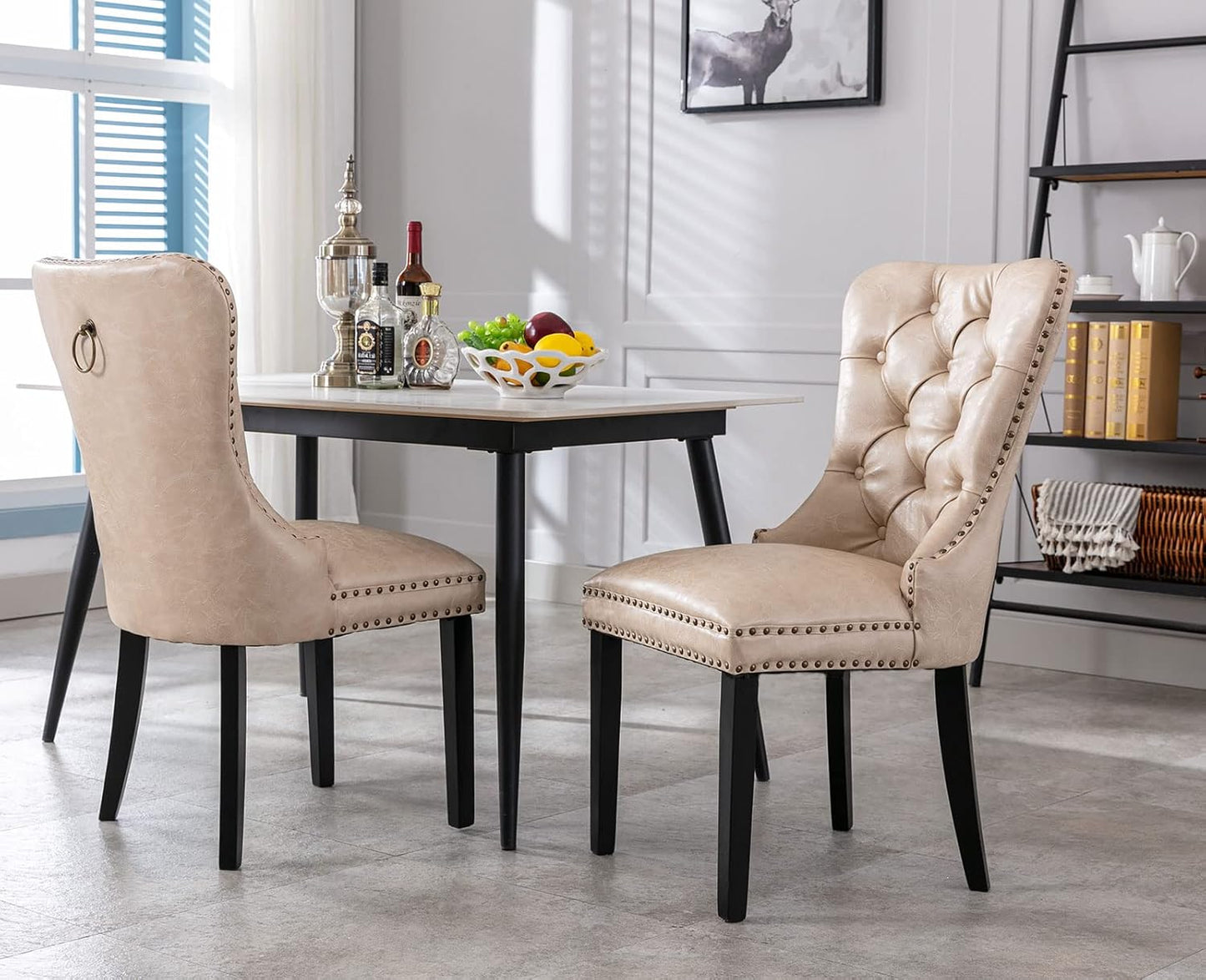 Beige Leather Dining Chairs Set of 2 Mid Century Modern Tufted Chairs Armless Rubber Wood Vintage Chairs Upholstered Nailhead PU Side Chair with Pull Ring for Kitchen/Cafe Decor Furniture