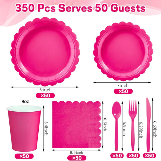 350 Pcs Hot Pink Paper Plates and Napkins, 50 Guest Hot Pink Party Supplies Include Scalloped Plates Napkins Cups Plastic Cutlery for Baby Shower,Birthday,Bridal Shower
