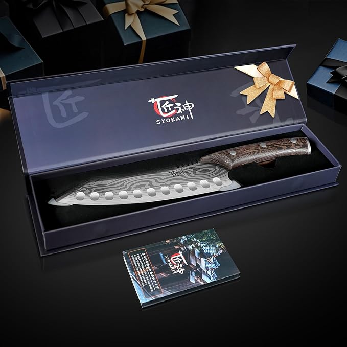 Japanese Kitchen Knife, 8.2 Inch Chef Knife, Carbon Steel Kiritsuke, Razor Sharp Santoku for Precision Cutting, Damascus Pattern, Full Tang Wood Handle,Thanksgiving Christmas Cooking Gifts