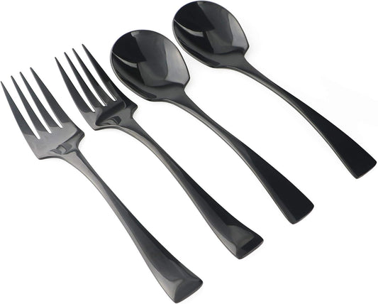 4-Pieces 18/10 Stainless Steel Big Service Fork and Spoon Flatware Set, Mirror Polishing Black
