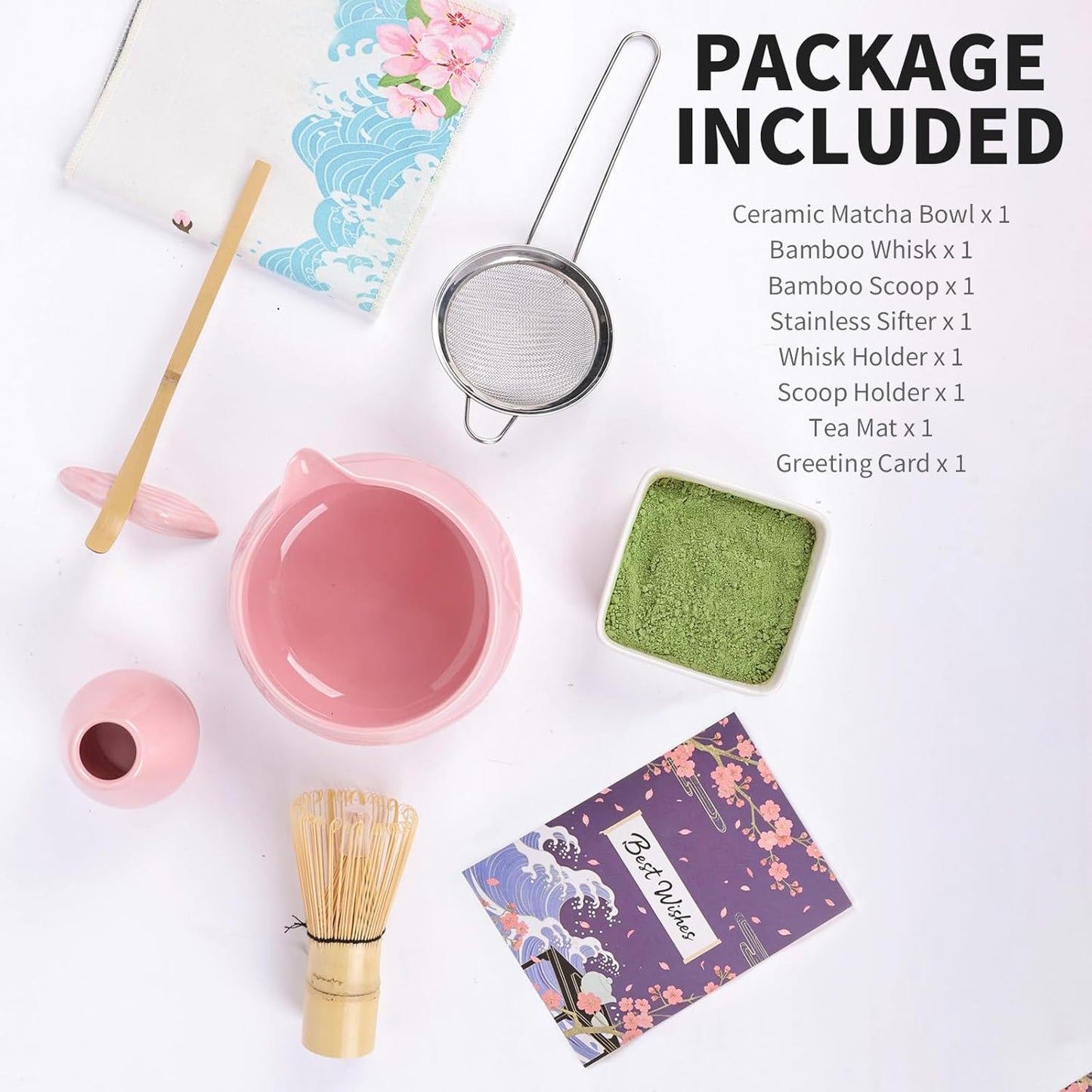 Evoio Matcha Whisk Set with Bowl, 8 Pcs Matcha Kit with Ceramic Matcha Whisk Holder, Scoop Holder, Sifter, Tea Towel, Greeting Card, Bamboo Whisk and Scoop, Pink Matcha Gift for Matcha Tea Lovers