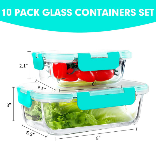 VERONES 10Pack Glass Meal Prep Containers, Airtight Glass Lunch Containers,Stackable Glass Food Storage Containers Set with Lids,Exclusive of BPA, for Microwave,Oven, Freezer&Dishwasher Friendly,Green
