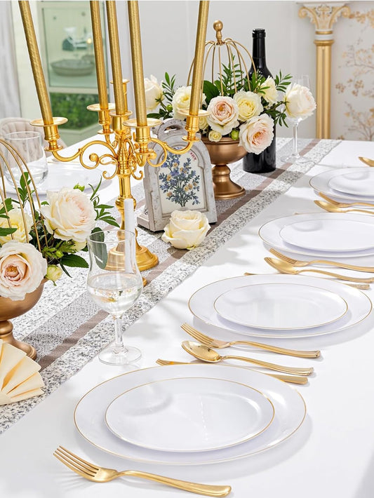 WDF 150Pcs White and Gold Plastic Plates - Gold Plates Disposable - 25guest Disposable Dinnerware Include 25 Dinner Plate, 25 Dessert Plate, 25 Cutlery & 25 9oz Cups for Wedding & Thanksgiving Party