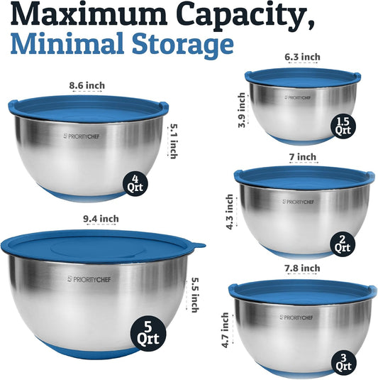Priority Chef Stainless Steel Mixing Bowls with Lids Set, 3 Grater Attachments, Airtight Lids, Non-Slip Silicone Base Mixing Bowl Set, Large Prep Metal Mixing Bowls for Kitchen, Blue