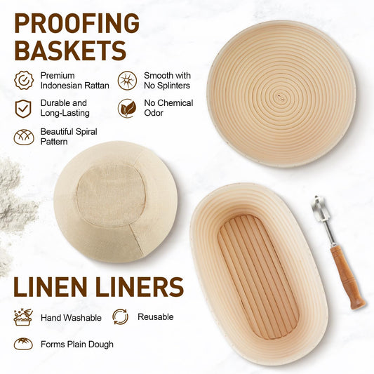 Banneton Bread Proofing Basket, Sourdough Starter Kit with 9" Round & 10" Oval Bread Proofing Basket, Bread Lame, Brushs, Spatula, Scraper, Dough Whisk, Flour Duster & Stencils