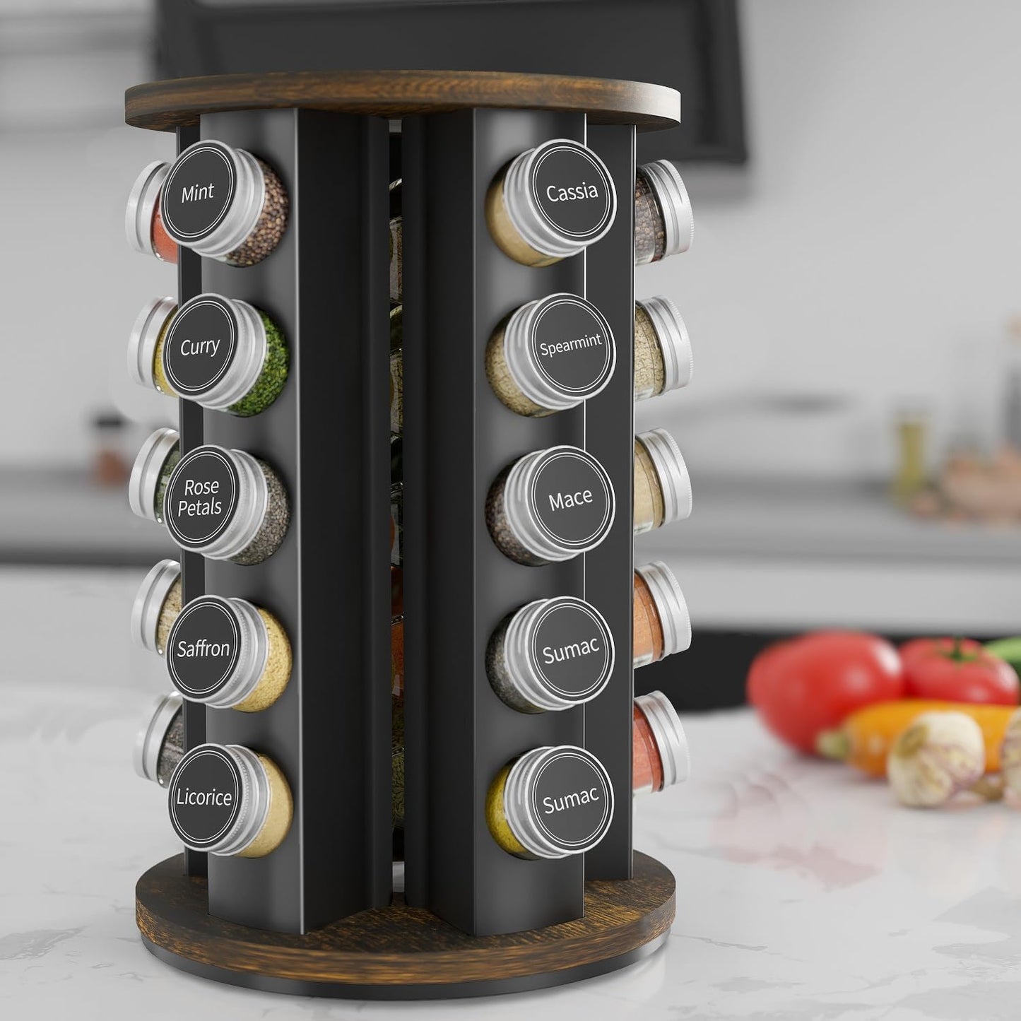 New England Stories Revolving Spice Rack Set with 35 Spice Jars, Kitchen Spice Tower Organizer for Countertop or Cabinet - Carousel Storage Includes 386 Spice Labels