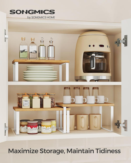 SONGMICS Cabinet Organizer Shelf, Set of 3 Kitchen Counter Shelves, Kitchen Storage, Spice Rack, Stackable, Expandable, Cloud White and Natural Beige UKCS014YL02