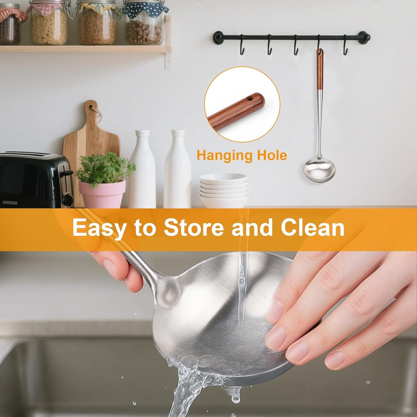 FJNATINH Soup Ladle, Metal Ladle Stainless Steel for Soup Sauces, Kitchen Ladle Spoon with Heat-proof Wooden Handle, Easy to Clean