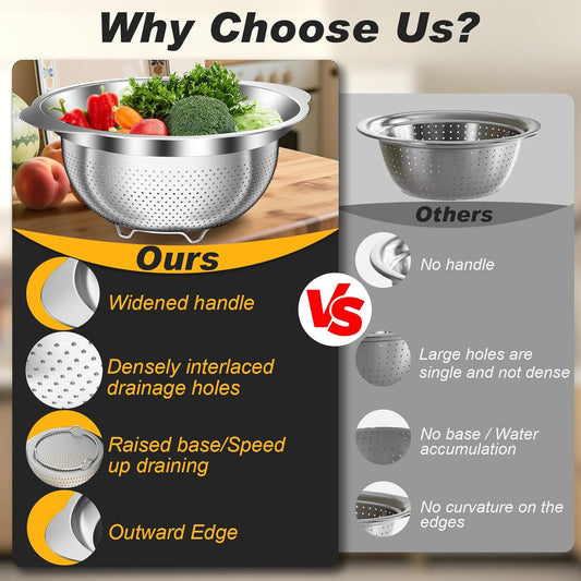 Colander, Stainless Steel Colander for Kitchen, 3Pcs Kitchen Gadget Food Strainer Basket with Handle, Kitchen Strainer Colanders Bowl for Pasta Noodles Spaghetti Vegetables Fruit (2QT, 3QT, 5QT)