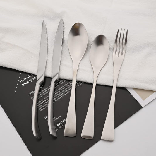 Luxury 304 Stainless Steel Matte Silver Cutlery Flatware Set - Utensil Set Steak Spoons and Forks Knife Silverware Set,Service for 4 (24-Piece)