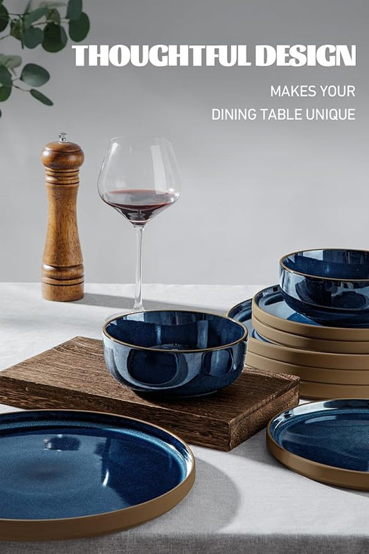 Famiware Nature Plates and Bowls Sets, 12 Pieces Stoneware Dinnerware Sets, Dishes Set for 4, Dishware Sets, Microwave and Dishwasher Safe, Midnight Blue
