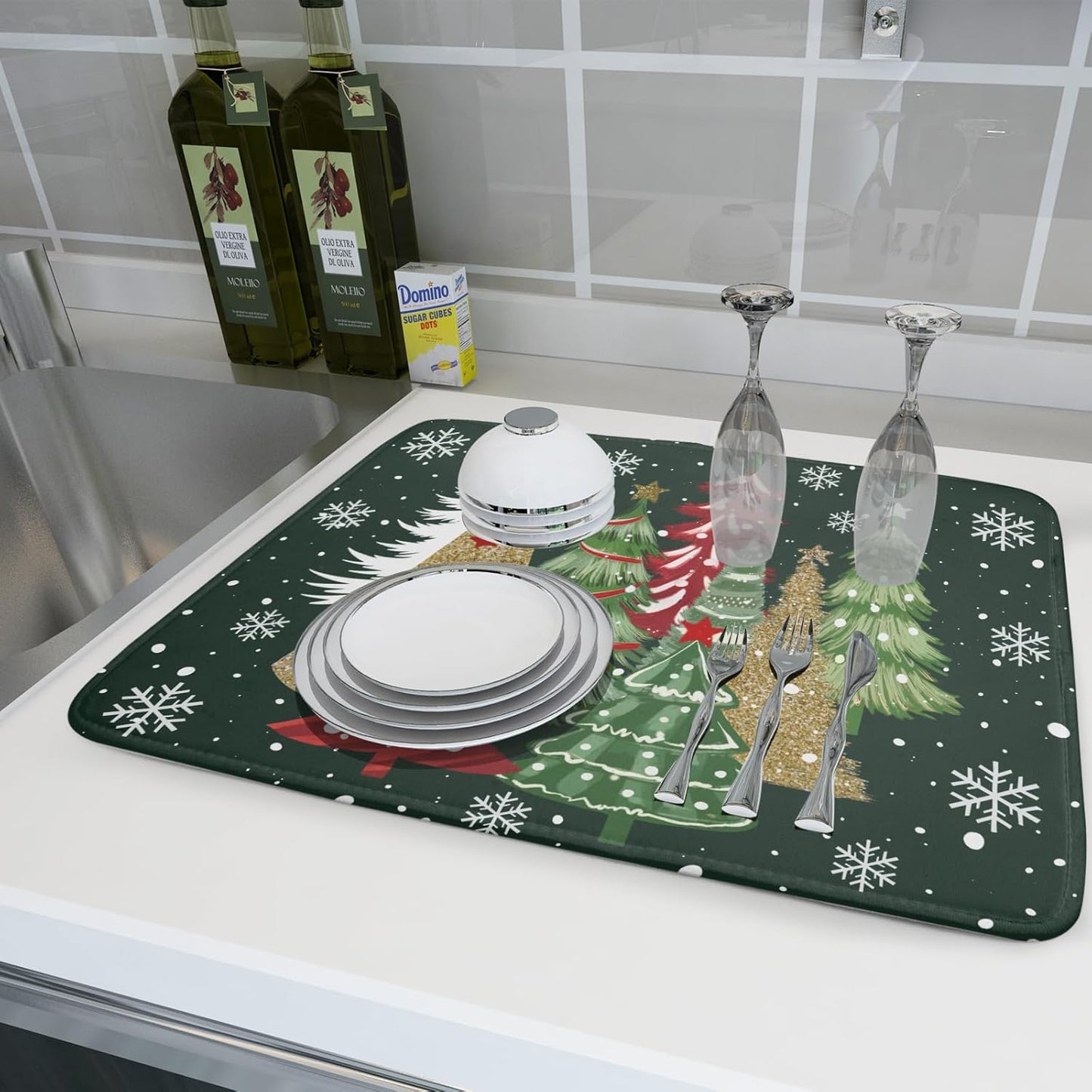 Christmas Dish Drying Mats 18x24, Farmhouse Gold Red Xmas Pine Trees Winter Holiday Washable Microfiber Absorbent Dishes Drainer Rack Pad for Coffee Machine Bar Sink Counter