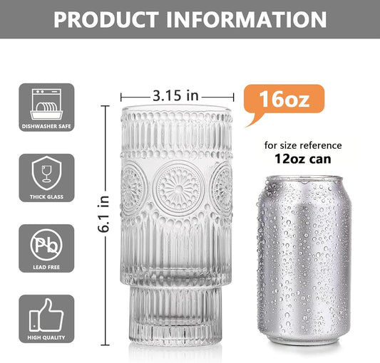 4 Pack Large 16oz Ribbed Glassware Set, Flower Design Stackable Glass Cups, Vintage Textured Clear Striped Drinking Glasses Set, for Bar Beverages,Juice,Water,Cocktail,Iced Coffee