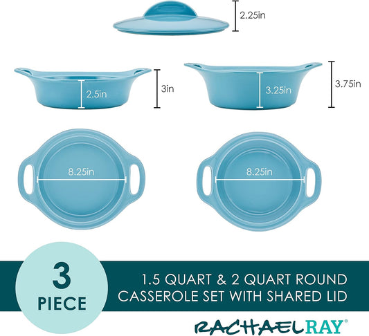 Rachael Ray Solid Glaze Ceramics Casserole Bakeware/Baker Set with Shared Lid, 3 Piece, Agave Blue
