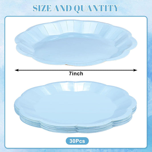 30pcs Light Blue Plates,7inch Scalloped Blue Dessert Cake Plates Cute Disposable Party Plate for Weeding, Birthday, Baby Shower