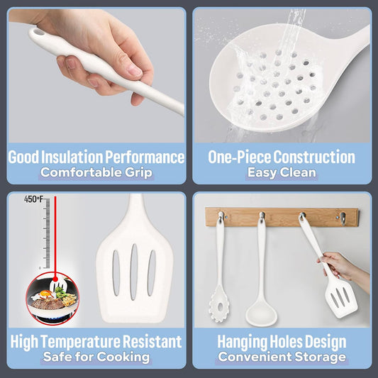 Silicone Kitchen Utensils Set, E-far 23 Pcs White Cooking Utensils Tools with Holder for Nonstick Cookware, Include Spatula/Spoon/Ladle/Tongs/Turner, Heat Resistant & Nontoxic, Dishwasher Safe