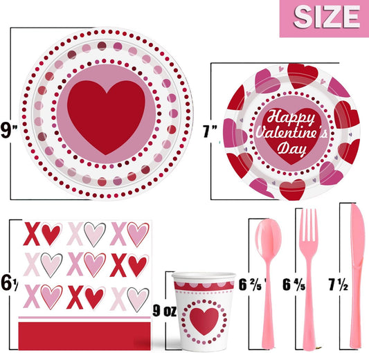 2025 Valentines Day Paper Plate Tableware Set - 177 pcs Heart and Love Disposable Dinnerware with 2 Tablecloth - Red Paper Plates Napkins Cups for Valentines Day Kids School Office Party Supply