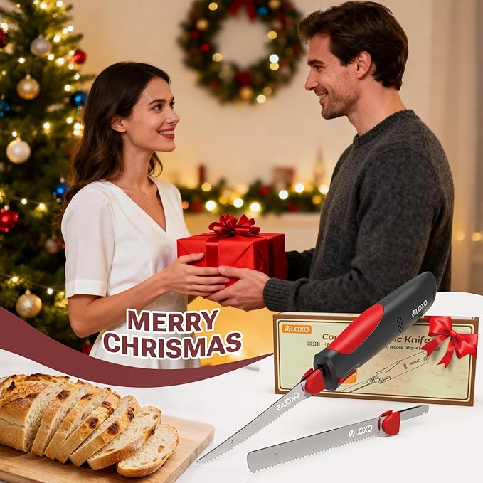 VLOXO Electric Knife for Meat Slicing, Rechargeable Electric Carving Knife with 2 Stainless Steel Blades Safety Lock Ergonomic Handle Cordless electric knives for Fish Fillet Steak Bread Turkey