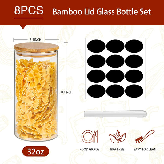SLifeJars-32 oz Glass Jars with Bamboo Lids 8 pcs Glass Food Storage Containers with Airtight Bamboo Lids, Glass Canisters Stackable Kitchen Pantry bamboo lid for Coffee Beans, Rice, Sugar and More