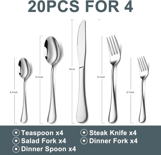 Stainless Steel Silverware Set for 4, 20-Piece Flatware Set with Forks Spoons Knives, Mirror Polished, Dishwasher Safe